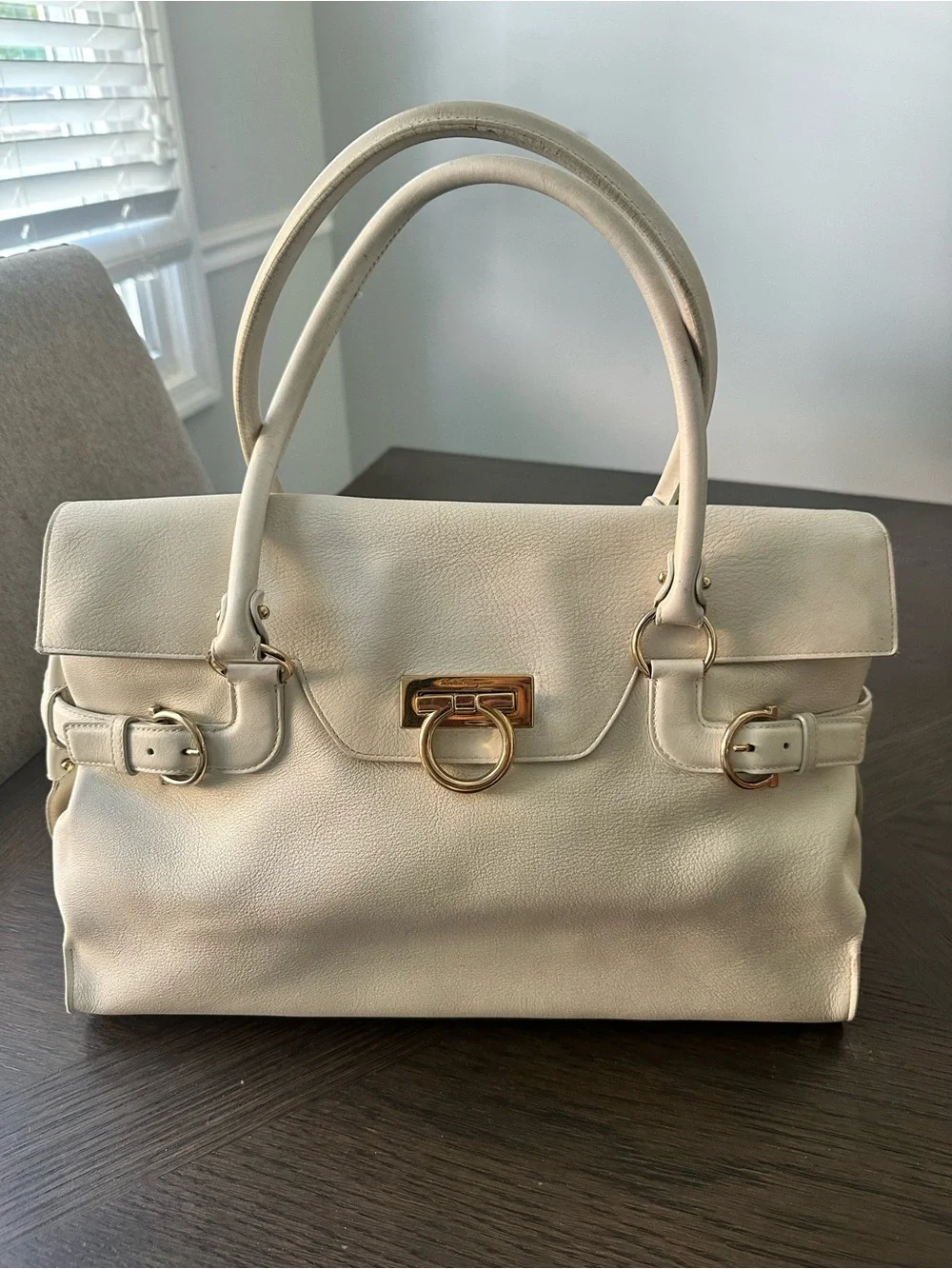 Salvatore Ferragamo Cream Leather Satchel with Gold Hardware